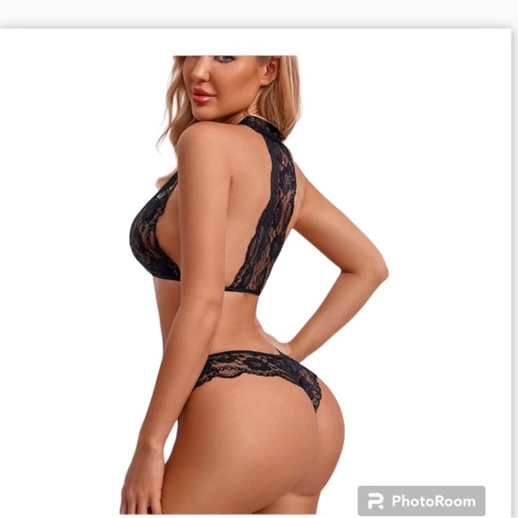 Bralette and Thong Panty Lace 2 Pc. Lingerie Set Size L Black - Picture 3 of 13